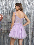 A-Line/Princess Spaghetti Straps Sleeveless Mini/Short Homecoming Dresses with Applique