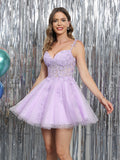 A-Line/Princess Spaghetti Straps Sleeveless Mini/Short Homecoming Dresses with Applique