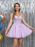 A-Line/Princess Spaghetti Straps Sleeveless Mini/Short Homecoming Dresses with Applique