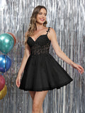 A-Line/Princess Spaghetti Straps Sleeveless Mini/Short Homecoming Dresses with Applique