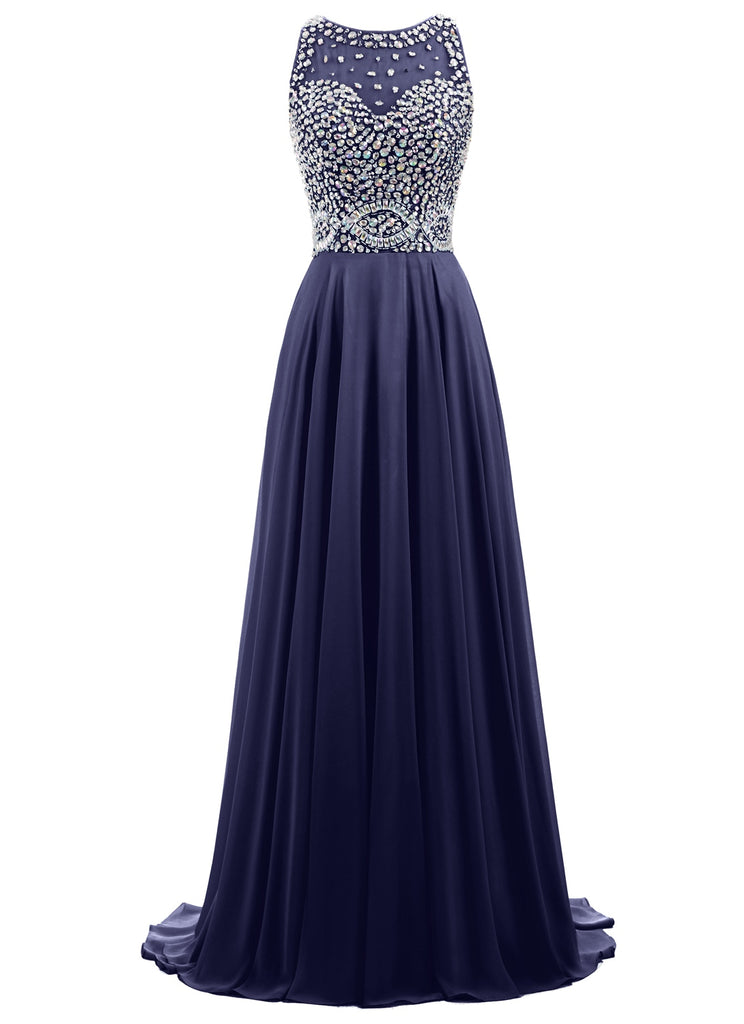 Sheer Neck Rhinestones Chiffon Long Prom Dresses / Evening Gowns with ...