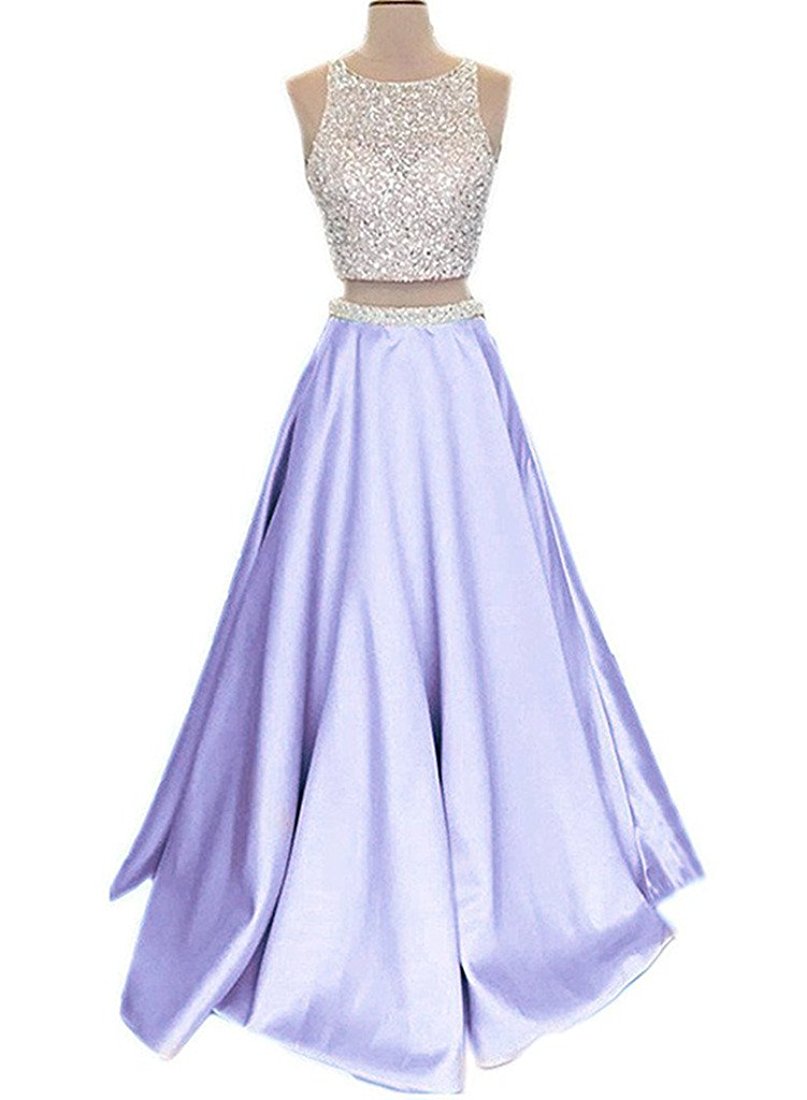 High Neck Satin Beaded Two-piece Long Prom Dresses – Dessiny