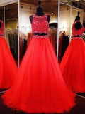 A-Line/Princess Scoop Long Tulle Prom Formal Evening Dresses with Beading