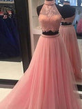 A-Line/Princess High Neck Long Tulle Prom Formal Evening Dresses with Lace