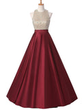 Ball Gown Jewel Long Satin Prom Formal Evening Dresses with Crystal