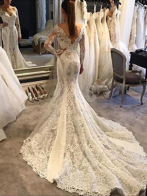 Chic A-line Deep V neck Long Sleeve Tulle Wedding Gowns Court Train We –  SELINADRESS