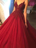 Ball Gown Spaghetti Straps Sweep/Brush Train Tulle Prom Evening Dresses with Applique