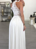 A-Line/Princess Halter Long Chiffon Two Piece Prom Evening Dresses with Lace