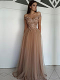 A-Line/Princess Off-the-Shoulder Long Tulle Prom Evening Dresses with Applique