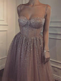 A-Line/Princess Spaghetti Straps Long Tulle Prom Evening Dresses with Rhinestone