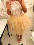 A-Line/Princess Bateau Tulle Sleeveless Short/Mini Homecoming Dresses with Applique