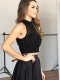 A-Line/Princess Halter Sweep/Brush Train Satin Beading Sleeveless Two Piece Prom Dresses with Slit