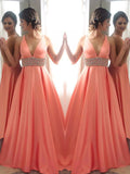 A-Line/Princess V-Neck Sweep/Brush Train Satin Sleeveless Prom Evening Dresses with Beading